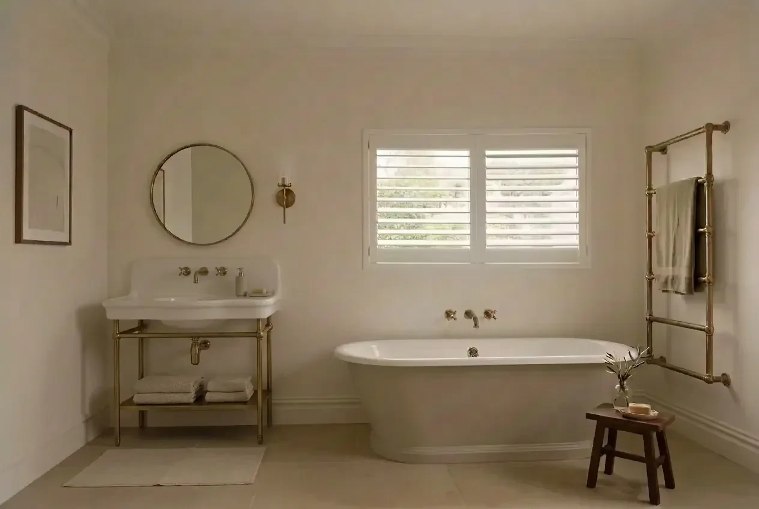 White Brightwood Luxe plantation shutters above a freestanding roll-top bath in an elegant British bathroom with aged brass taps, washstand and towel rail.