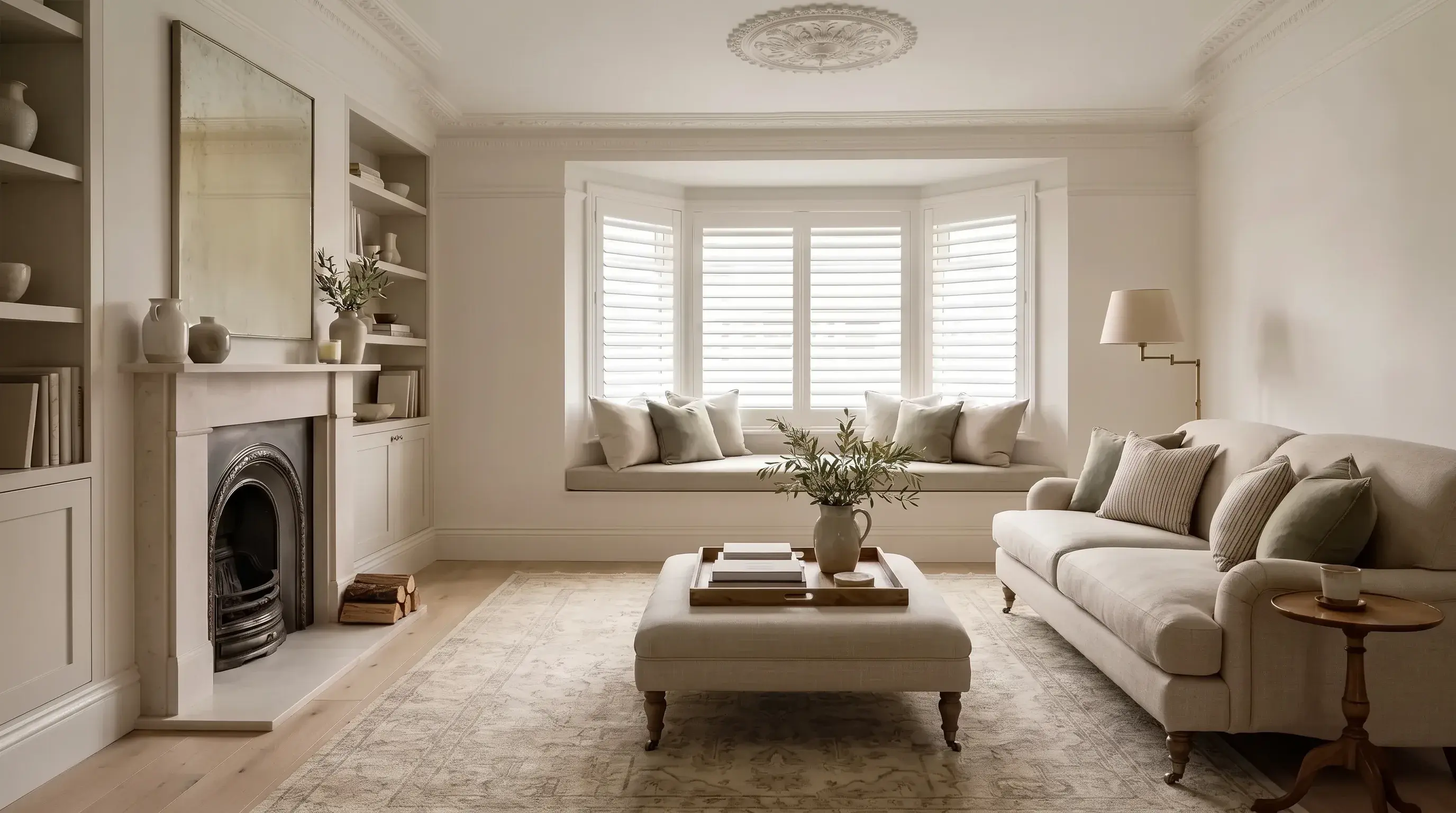 White plantation shutters fitted to a Victorian bay window with a cushioned window seat, in a neutral living room with a period fireplace and a linen sofa.