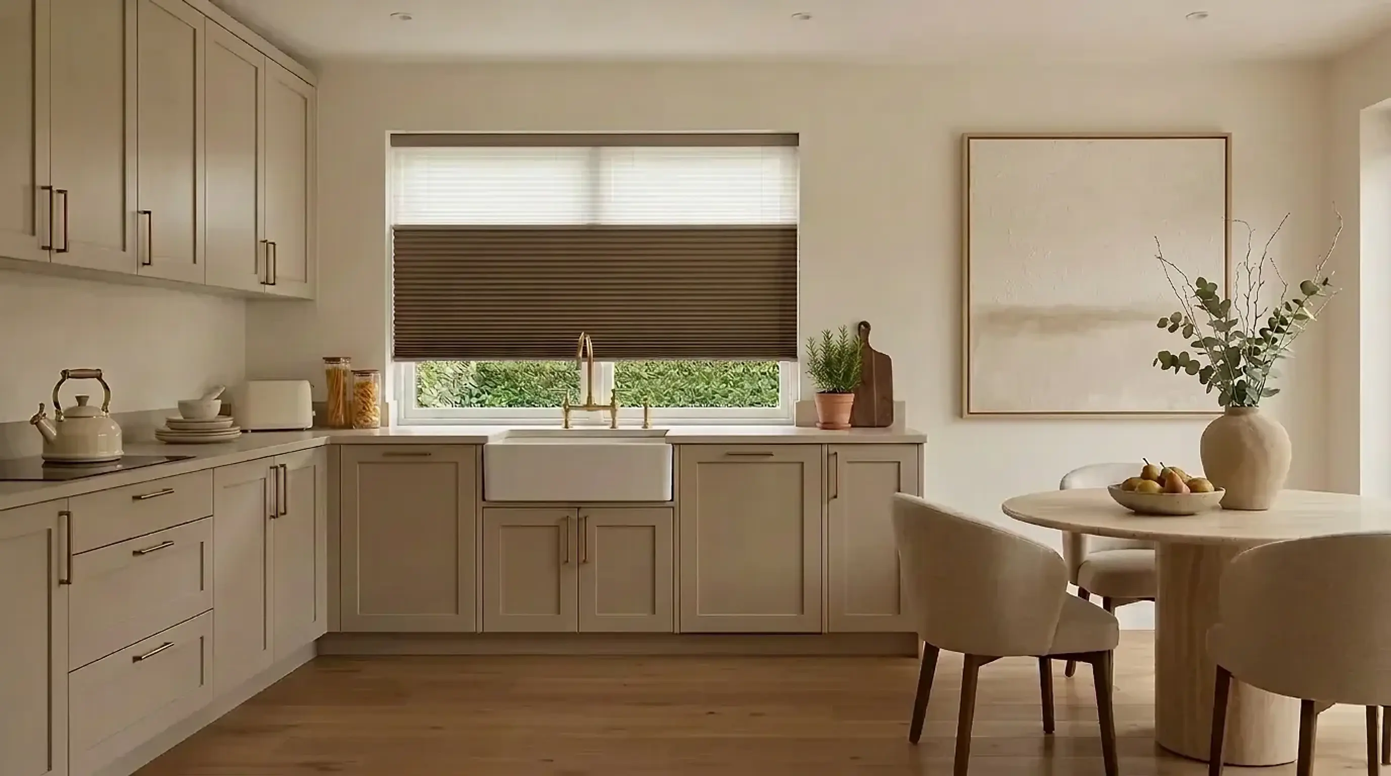 Day and night honeycomb shade in warm taupe and translucent white over a kitchen sink, in a warm neutral kitchen with putty Shaker cabinets, a butler sink and a travertine dining table.
