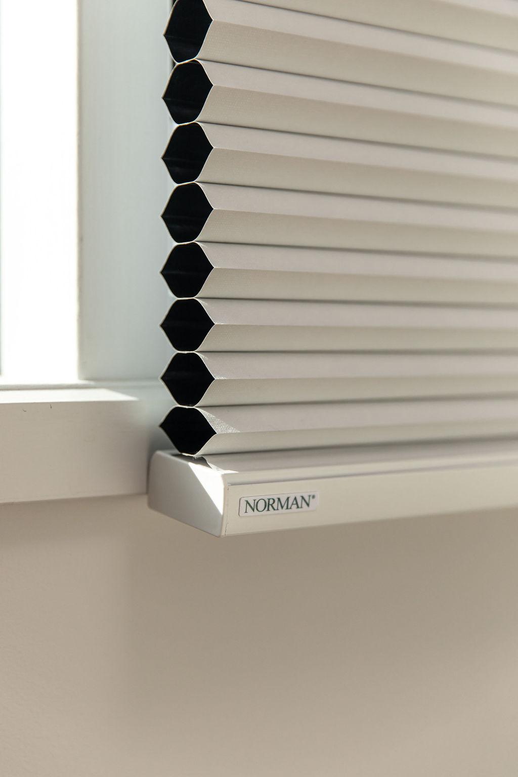 White honeycomb shades in a kitchen. 