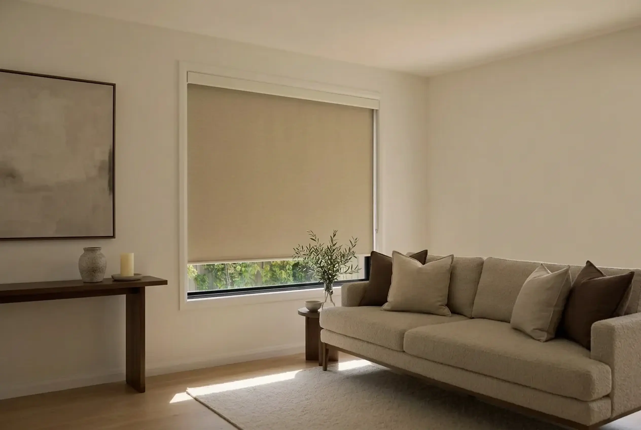 and beige roller shade raised above a garden view in a calm living room with an oatmeal bouclé sofa, walnut console and tonal abstract art
