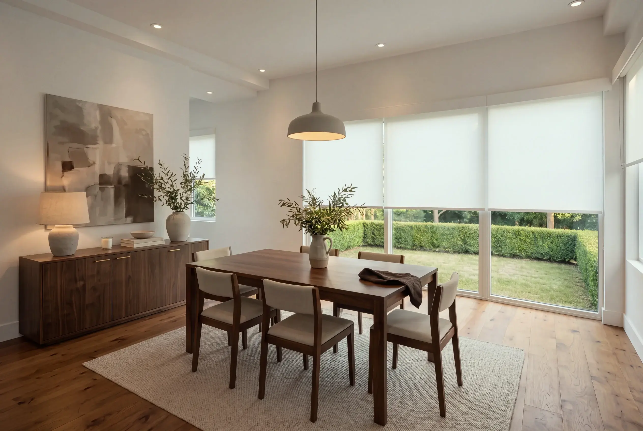 Three coupled white roller shades lowered halfway over equal glass garden doors in a warm British dining room with a walnut table, linen dining chairs and a styled walnut sideboard