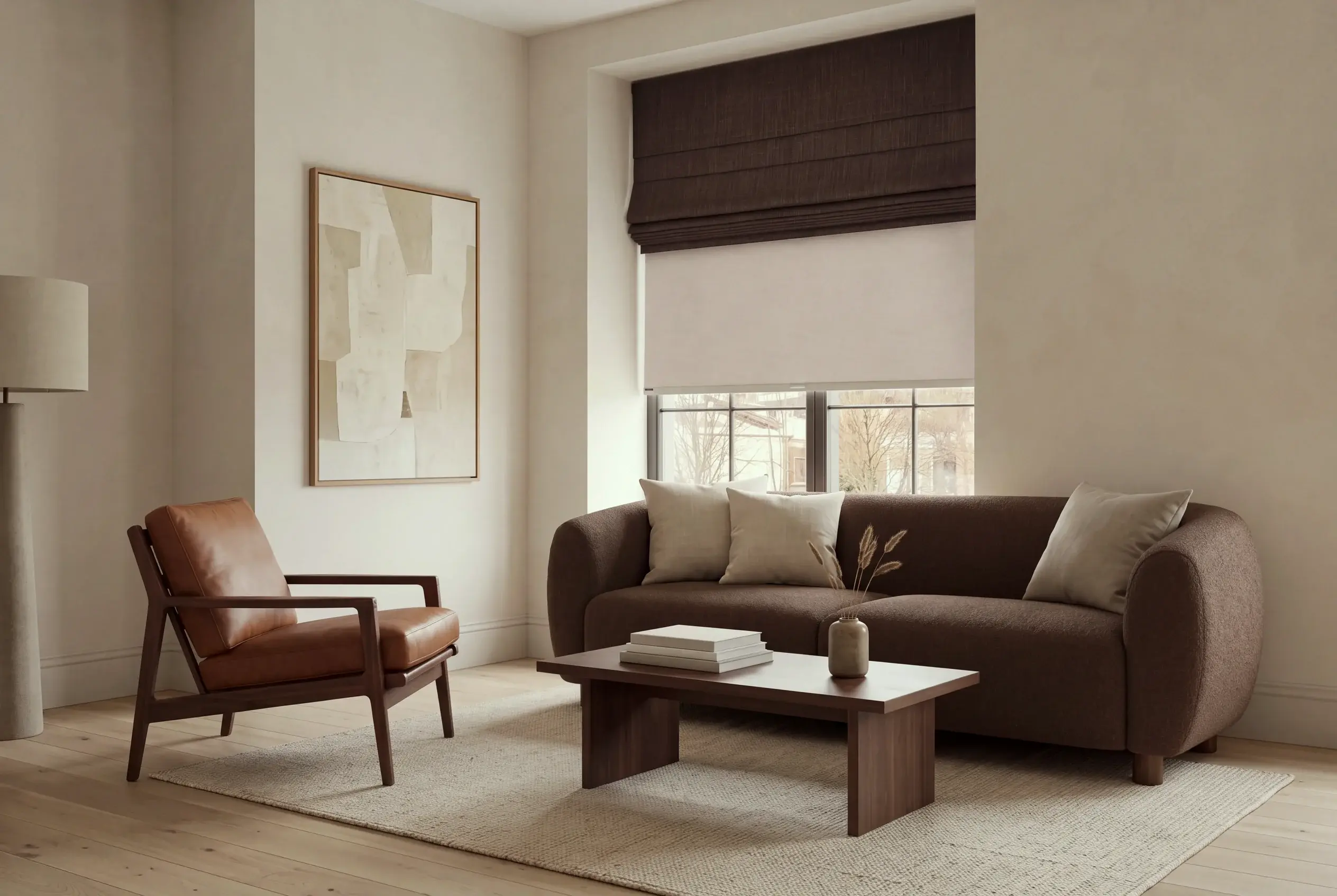 White roller shades half lowered across a dining room window wall