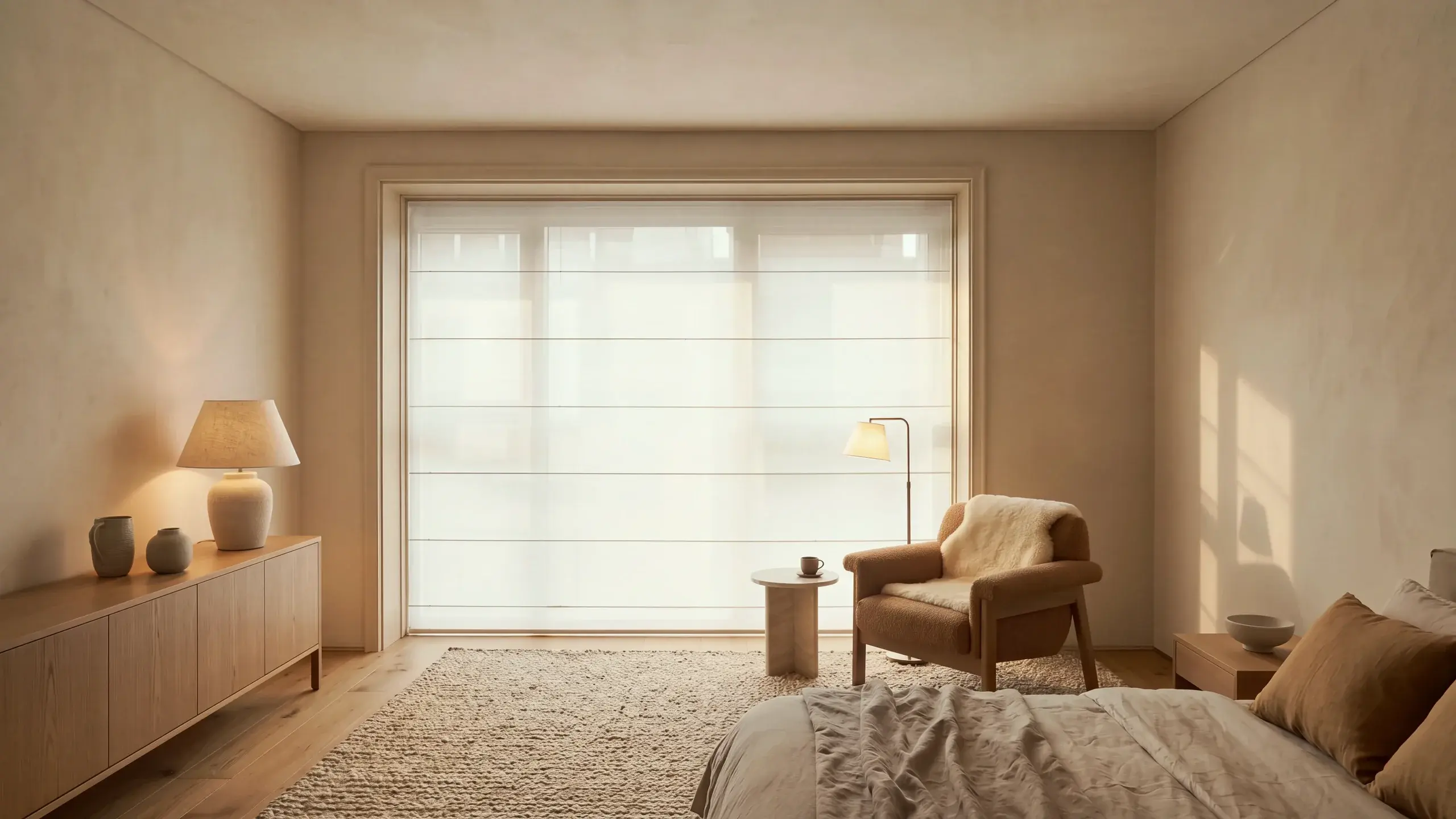 A flat-fold Roman shade across a full-height window in a quiet sitting room