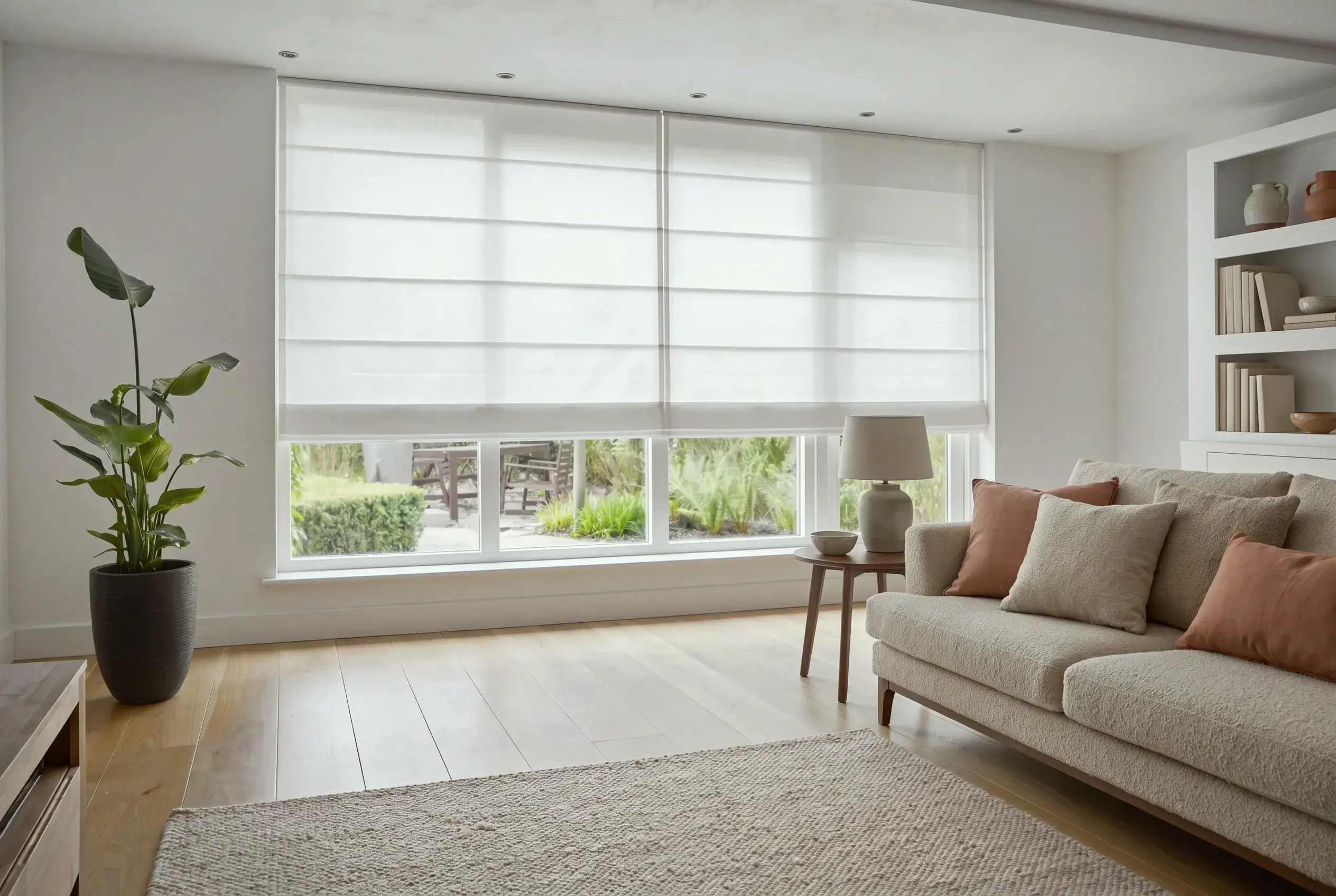 Two white sheer Roman shades partly lowered over a wide garden window in a bright living room with an oatmeal sofa, terracotta cushions and pale oak floor.