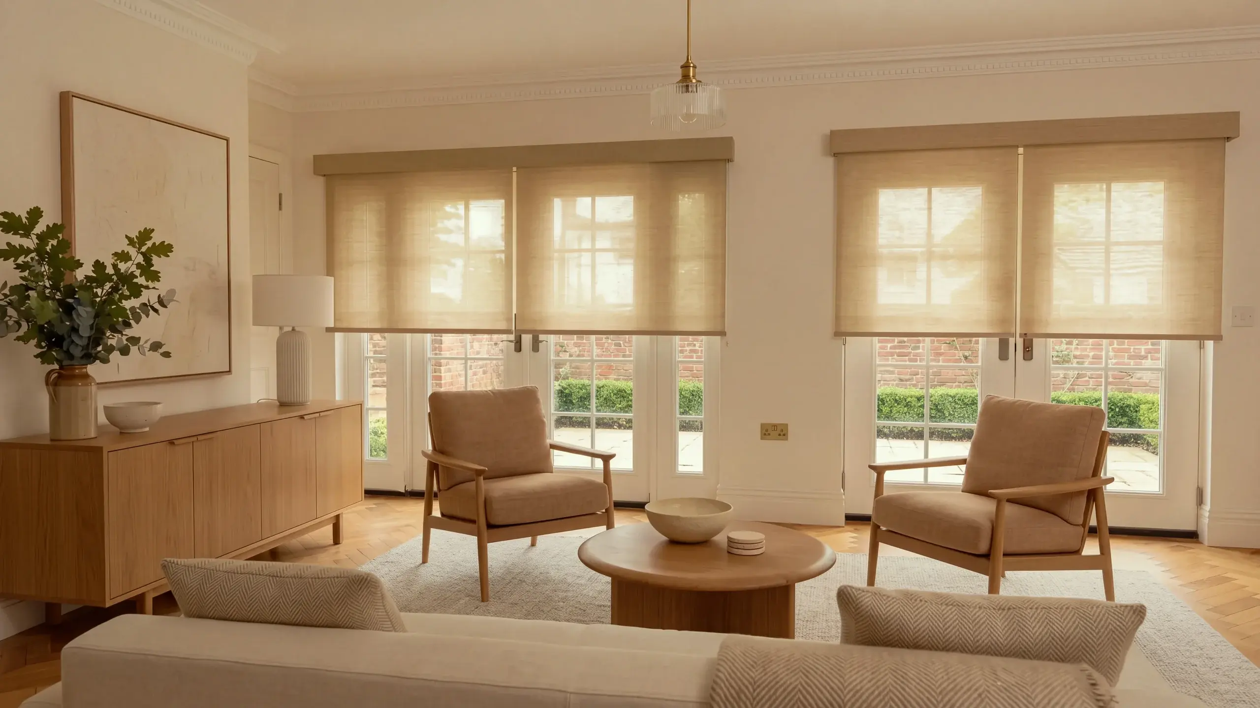 oluna natural woven roller shades over two sets of glazed garden doors in a warm, contemporary British living room with oak armchairs, herringbone parquet and a tweed-draped sofa.