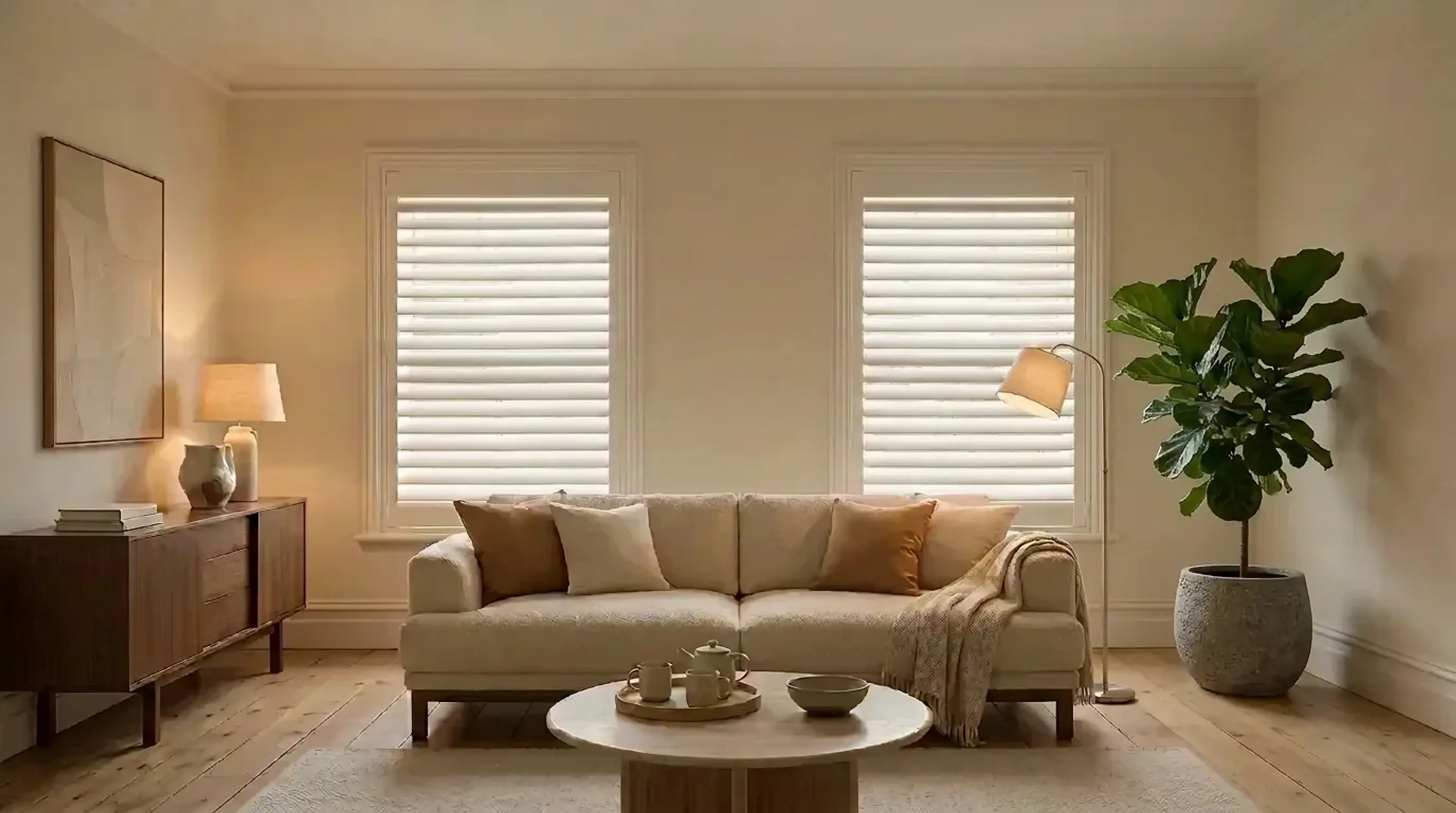 Two white plantation shutters in a warm, welcoming living room with a cream bouclé sofa, travertine coffee table set for tea and softly glowing lamps.