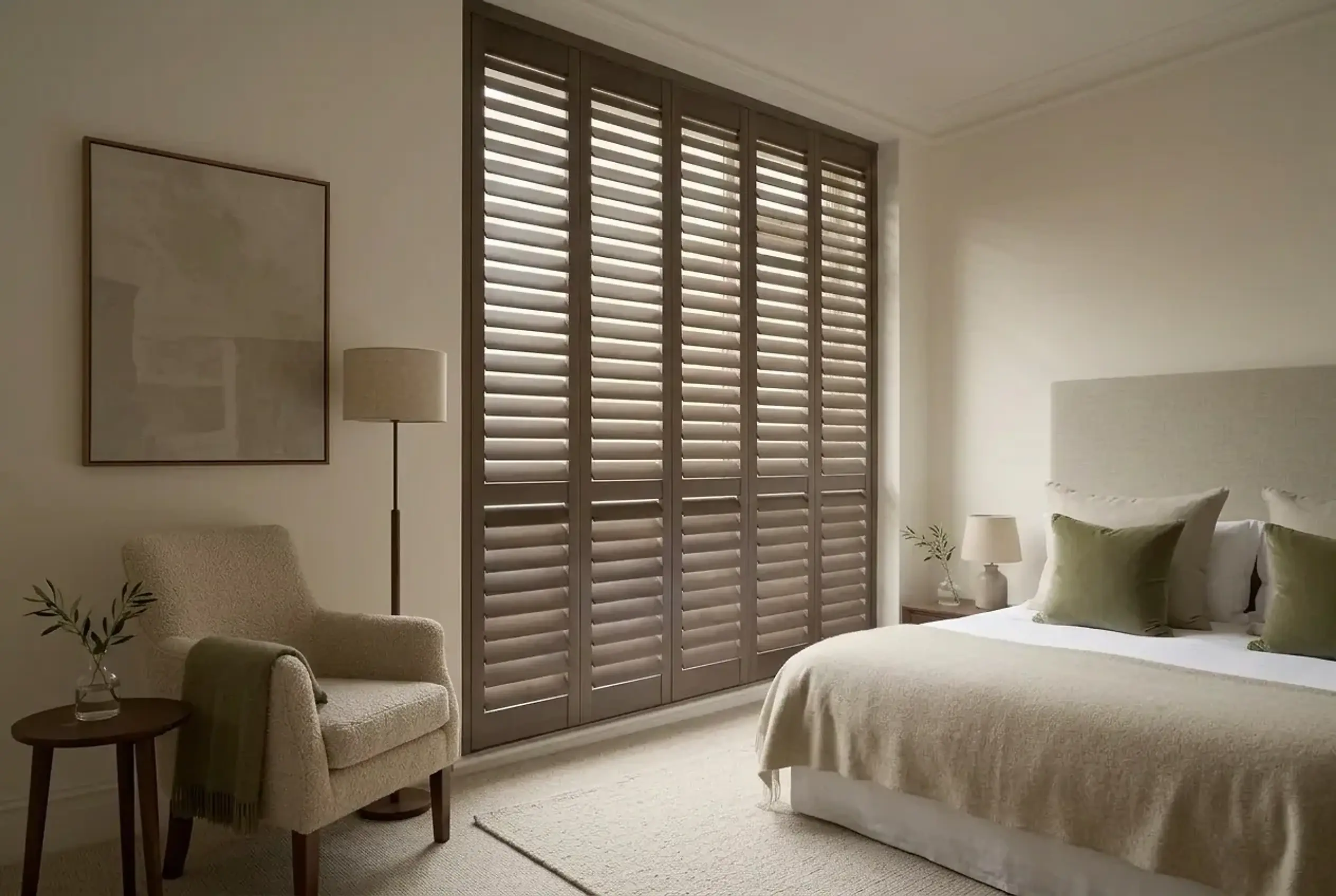 Full-height Normandy timber plantation shutters in a smoked walnut finish across a bedroom wall, with a linen bed, boucle armchair and floor lamp.