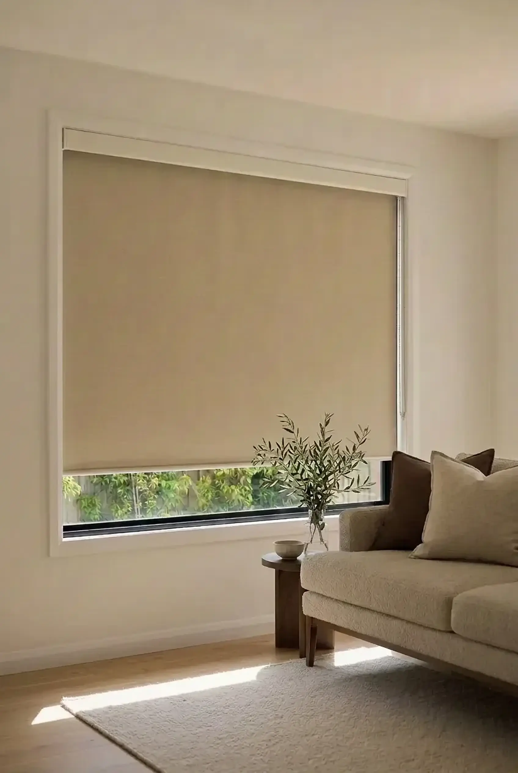 Sand beige roller shade lowered almost to the sill in a calm UK living room with an oatmeal bouclé sofa, walnut side table and olive branches.