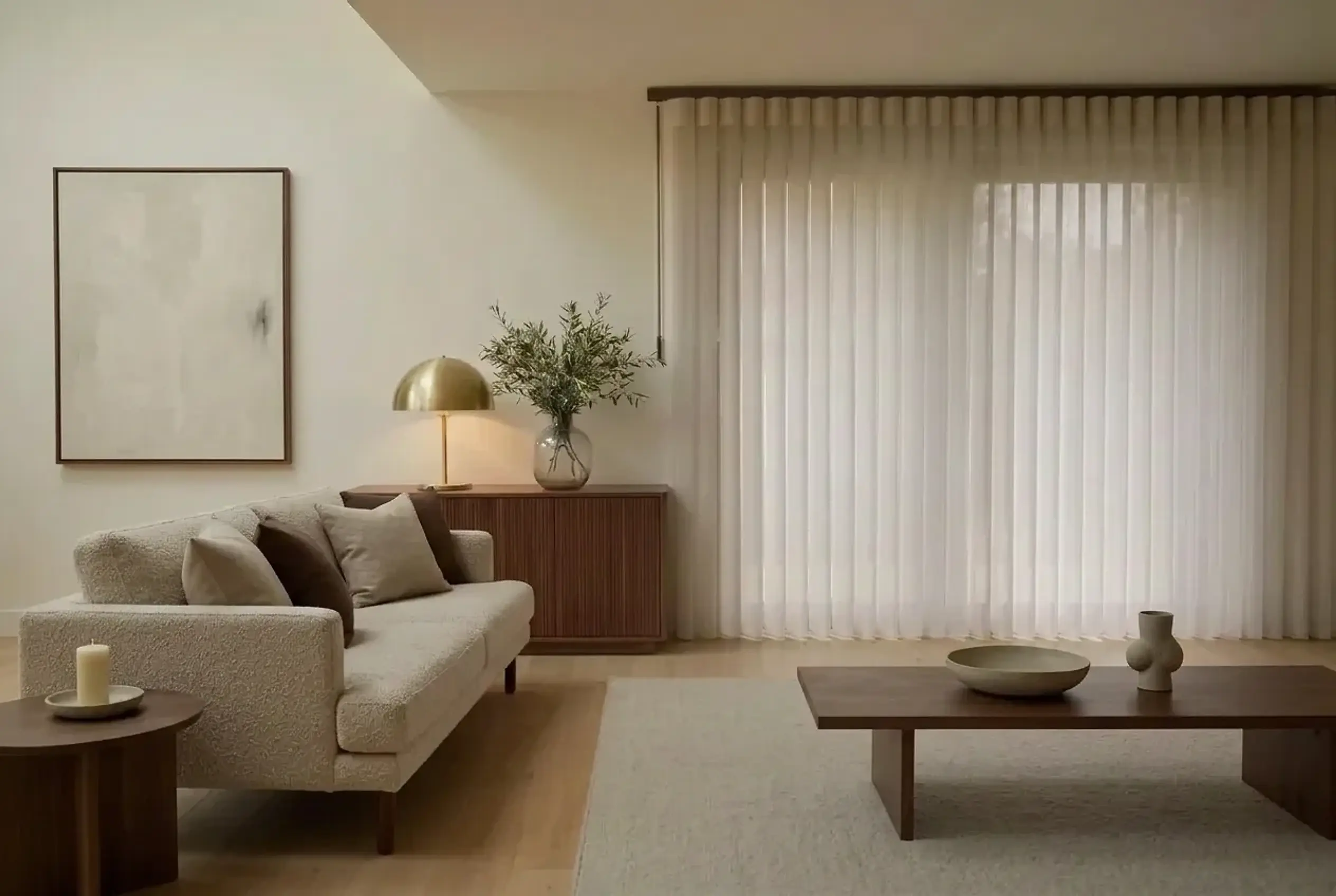 Sheer off-white SmartDrape vertical shade closed across a full-height glass door, the vanes falling to the floor, beside a fluted walnut sideboard with a brass lamp and olive branches in a calm UK home