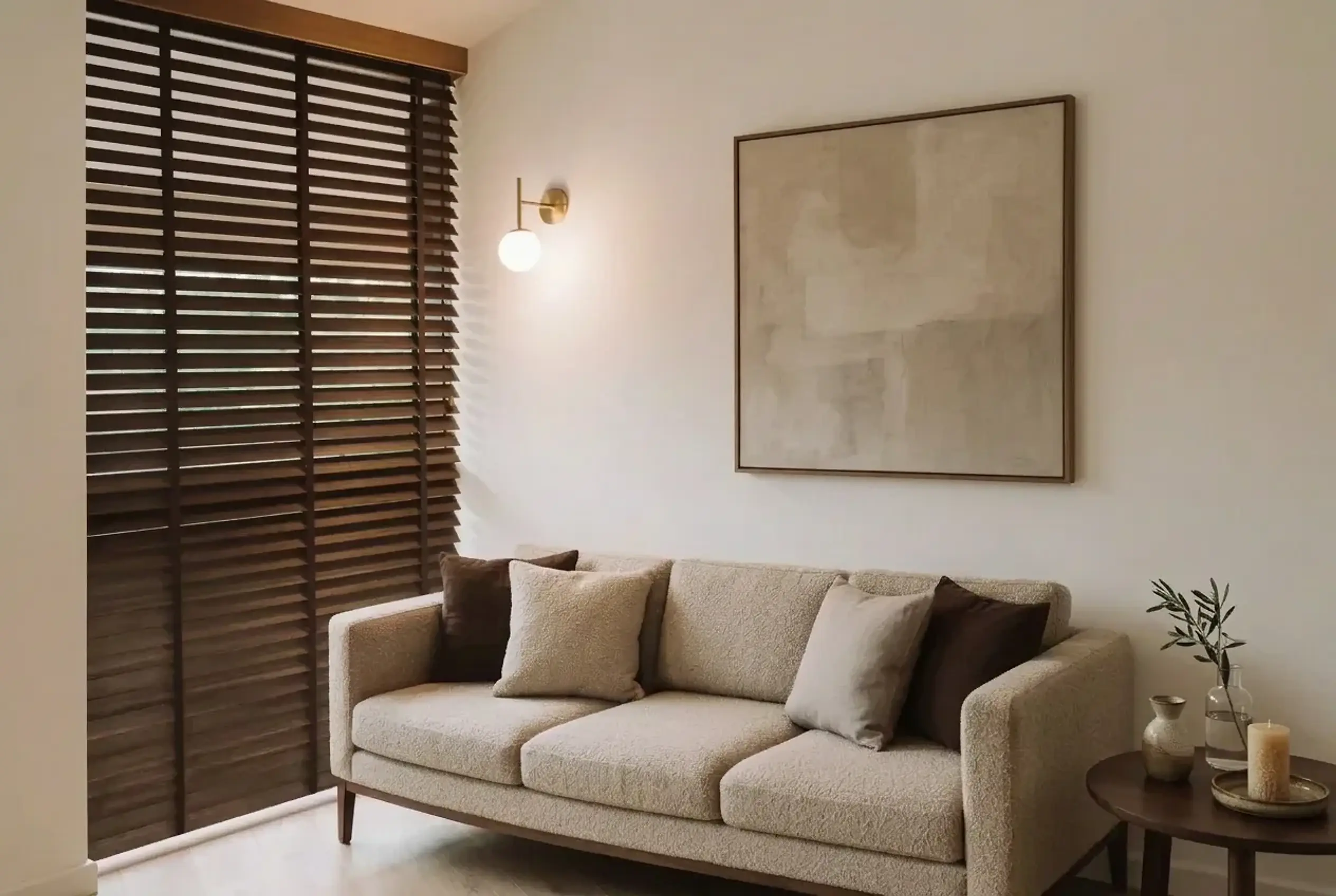 Walnut timber venetian blind with a honey-toned timber pelmet in a calm, neutral living room with an oatmeal bouclé sofa, tonal abstract painting and walnut side table.
