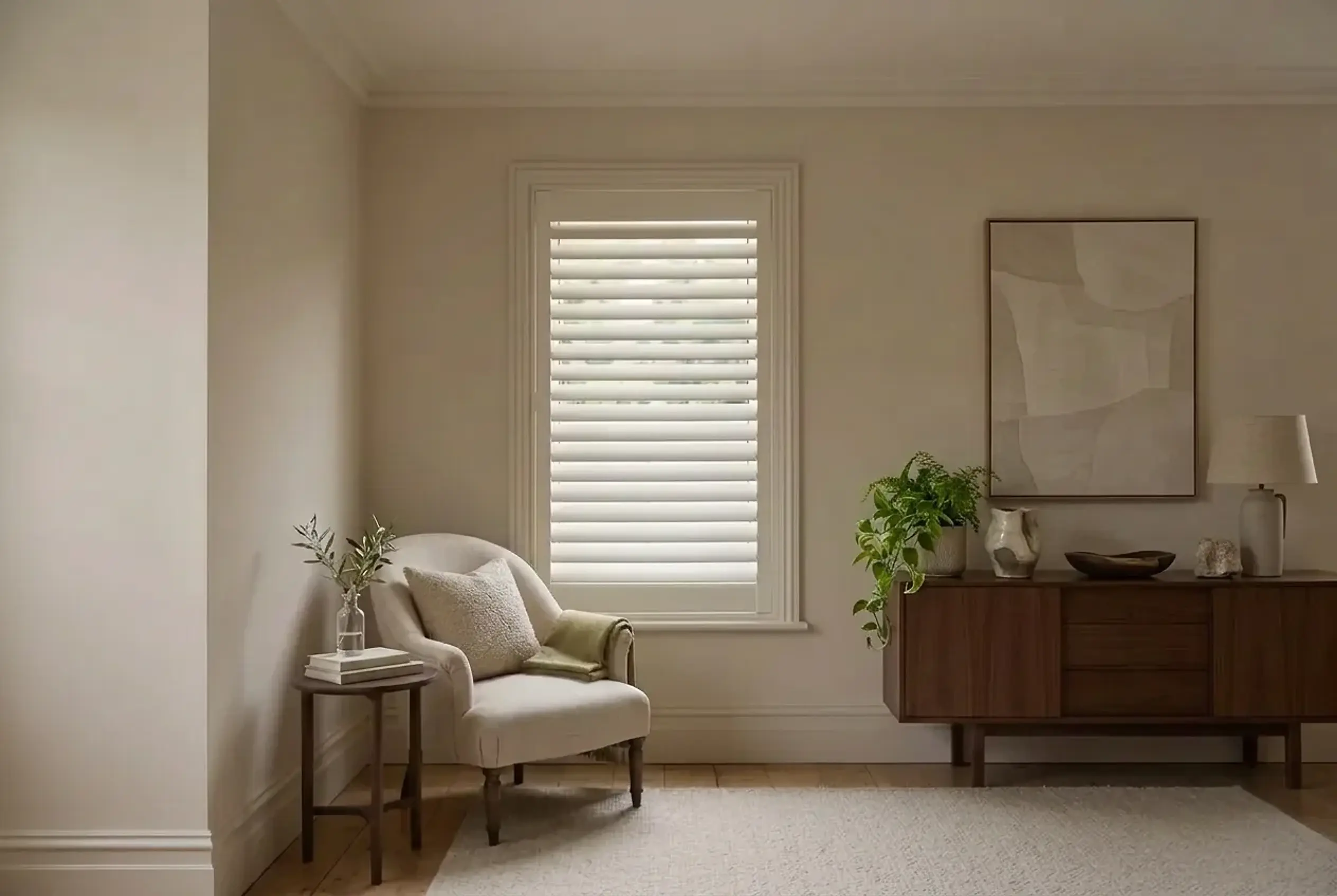 White Woodlore plantation shutter on a sash window in a calm, neutral living room with an oatmeal armchair, walnut side table and walnut sideboard
